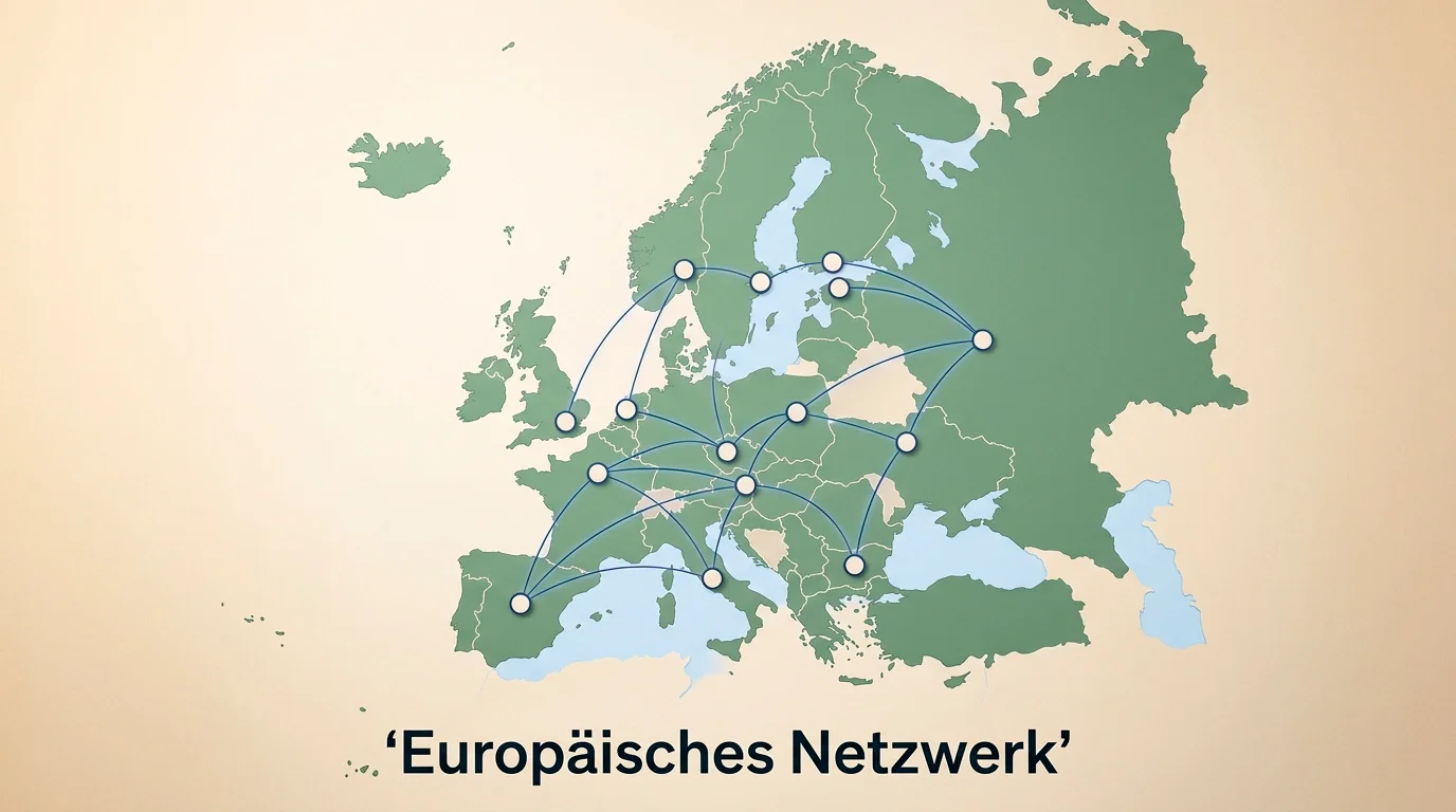 Stilisierte Karte der Europäischen Union mit Verbindungslinien zwischen Hauptstädten als Symbol für den europäischen Justizraum nach Brüssel-Ia