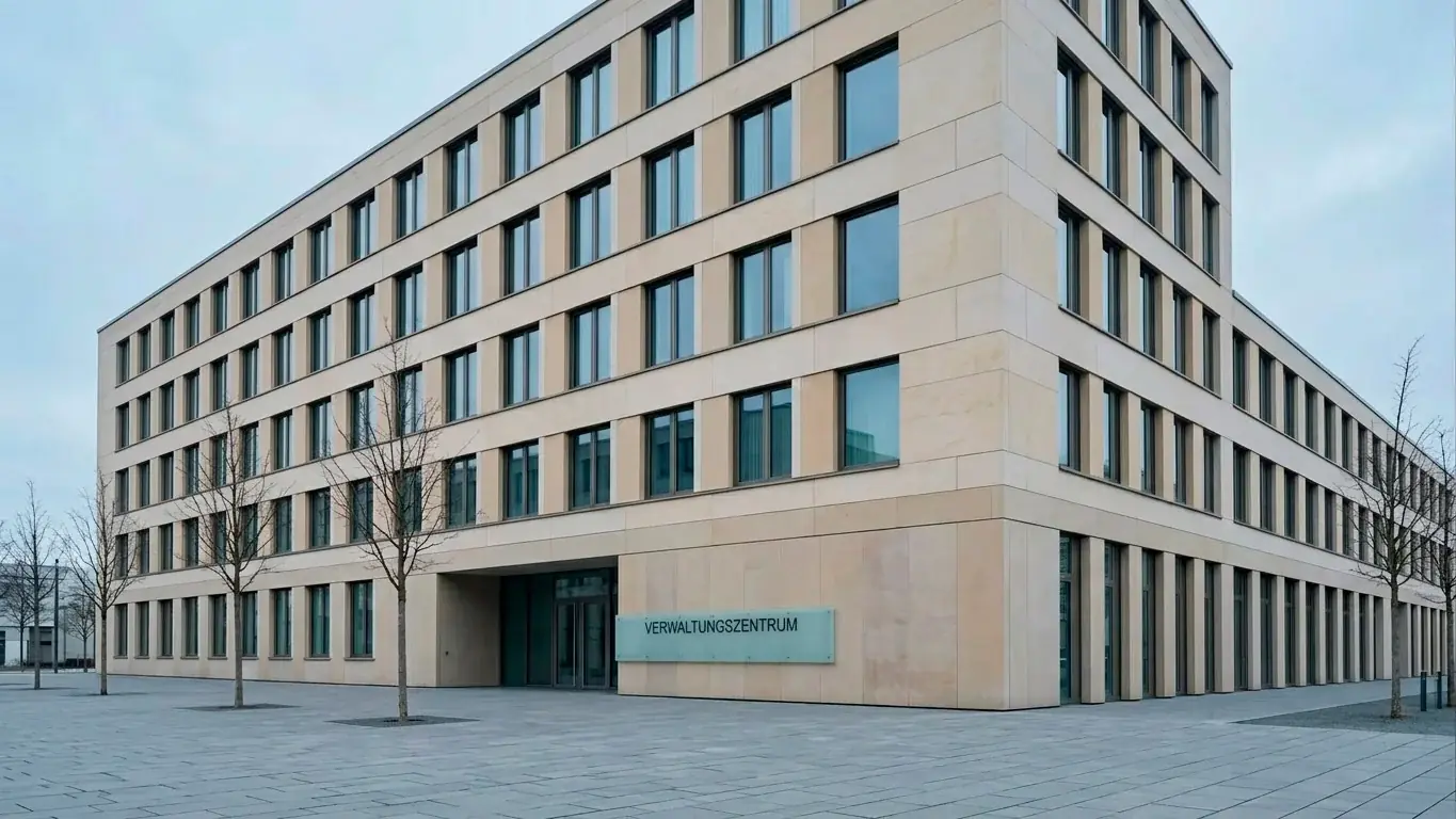 Symbolische Darstellung der Aufsichtsbehörde GGL in Halle an der Saale mit Aktenordnern und Behördenarchitektur