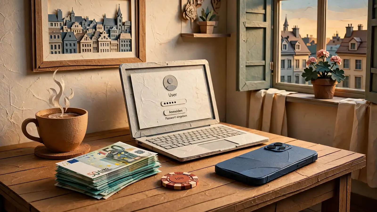 Smartphone und Laptop auf Tisch mit Casino-Chip und Euro-Scheinen