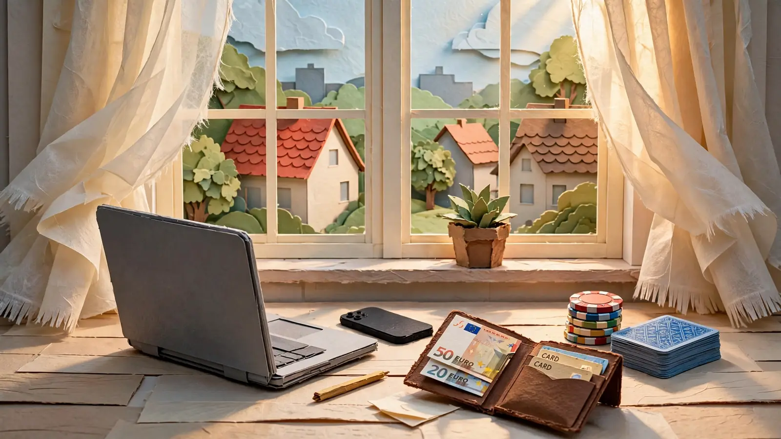 Heller Schreibtisch mit Laptop, Smartphone, Geldbörse mit Euro-Scheinen, Casino-Chips und Spielkarten