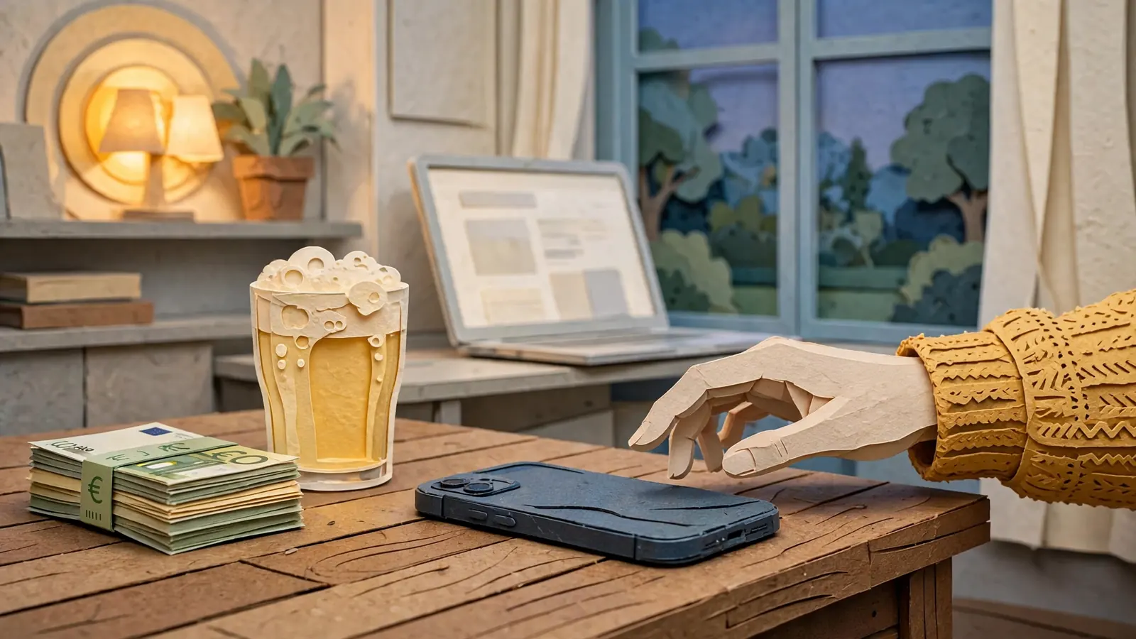 Modernes Wohnzimmer in Deutschland, Smartphone und Euro-Geldscheine auf dem Tisch bei Sofortzahlung.