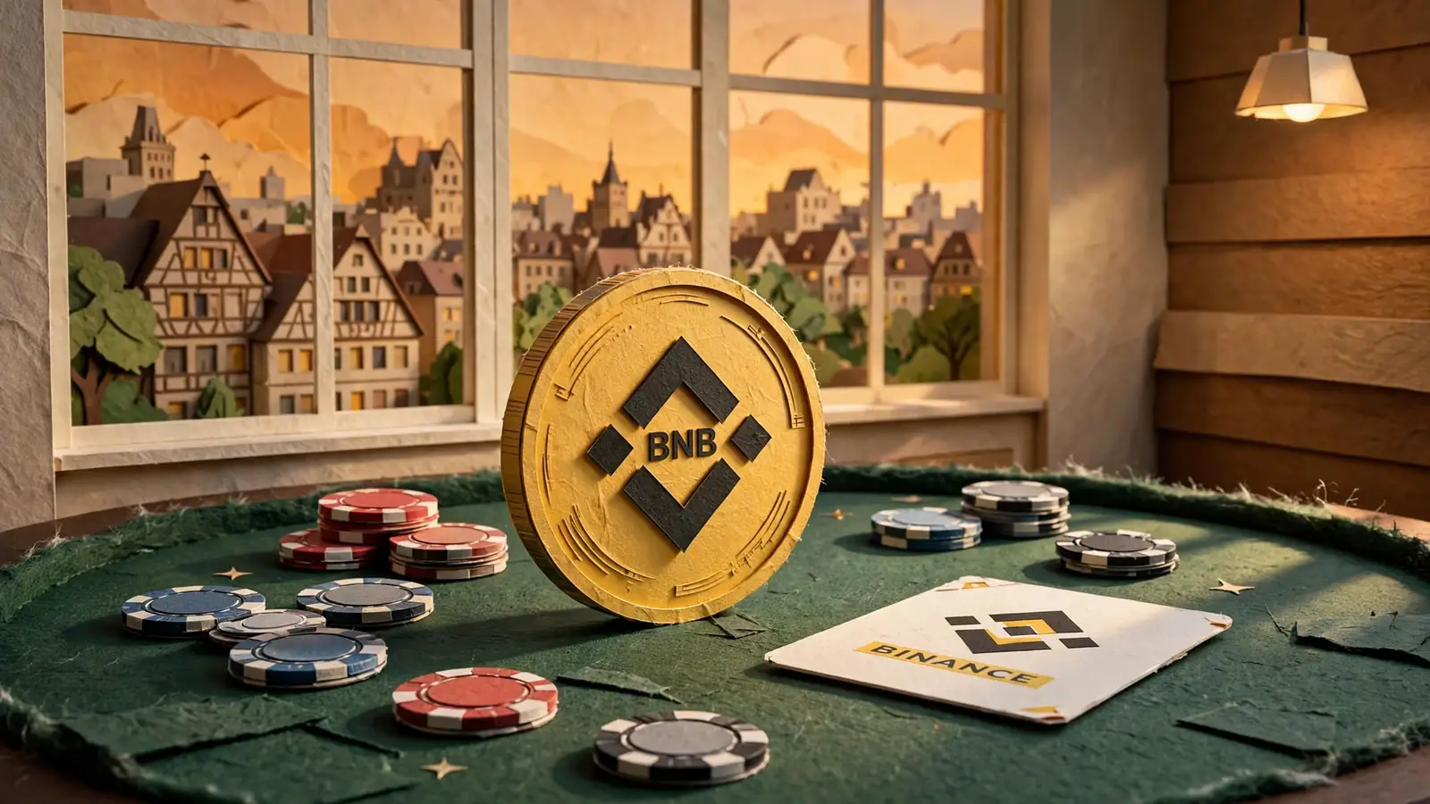 BNB-Münze auf einem Casino-Tisch mit Pokerchips vor einer deutschen Stadtkulisse
