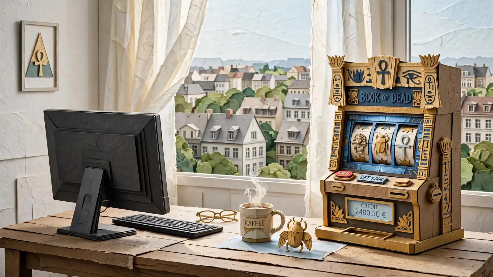 Desktop-Setup in deutscher Wohnung mit ägyptischem Skarabäus als Hinweis auf Book of Dead Spiel.