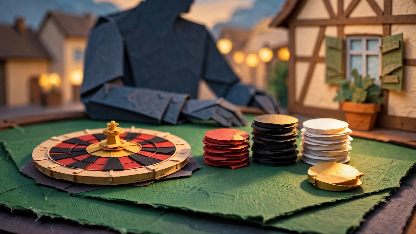Roulette-Rad und gestapelte Casino-Chips auf einem grünen Spieltisch