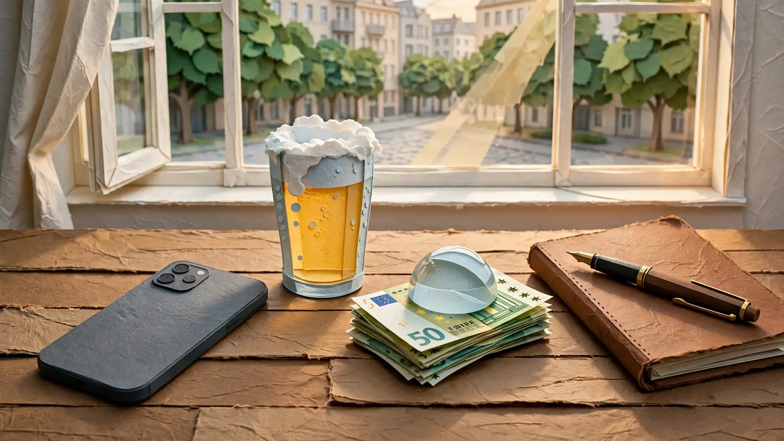 Smartphone mit Bildschirm nach unten auf einem Tisch, daneben Euro-Scheine und Bierglas