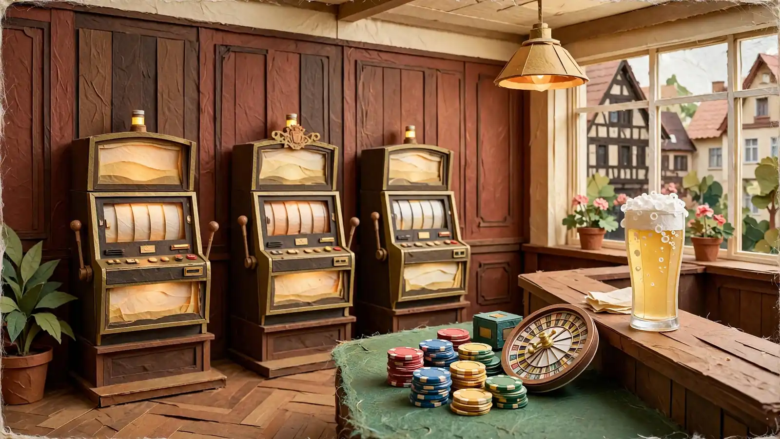 Spielbank-Lounge mit Spielautomaten, Roulette-Tisch und Chips