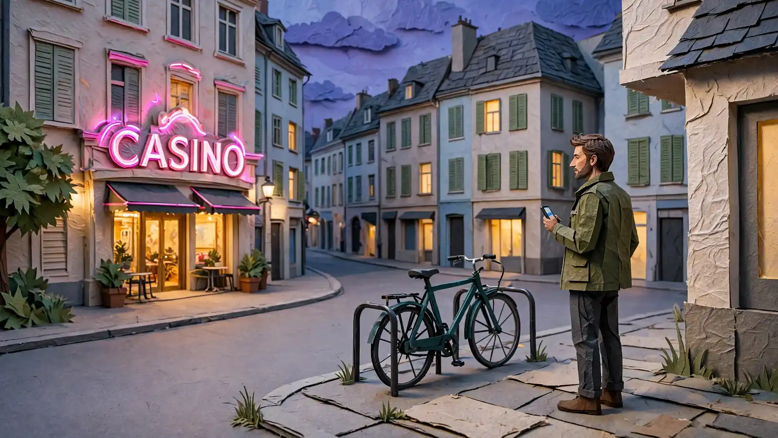 Beleuchteter Casinoeingang in einer deutschen Innenstadt bei Dämmerung