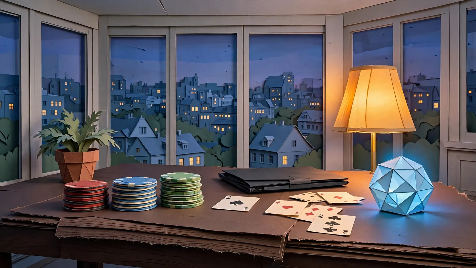 Modernes deutsches Apartment am Abend mit Casino-Chips, Spielkarten und leuchtendem Kristall auf einem Tisch
