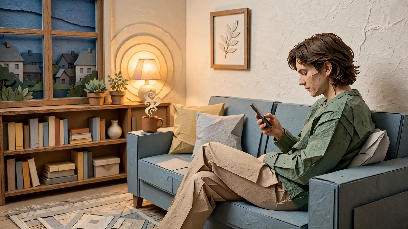 Junger Erwachsener entspannt mit Smartphone auf dem Sofa im Wohnzimmer.
