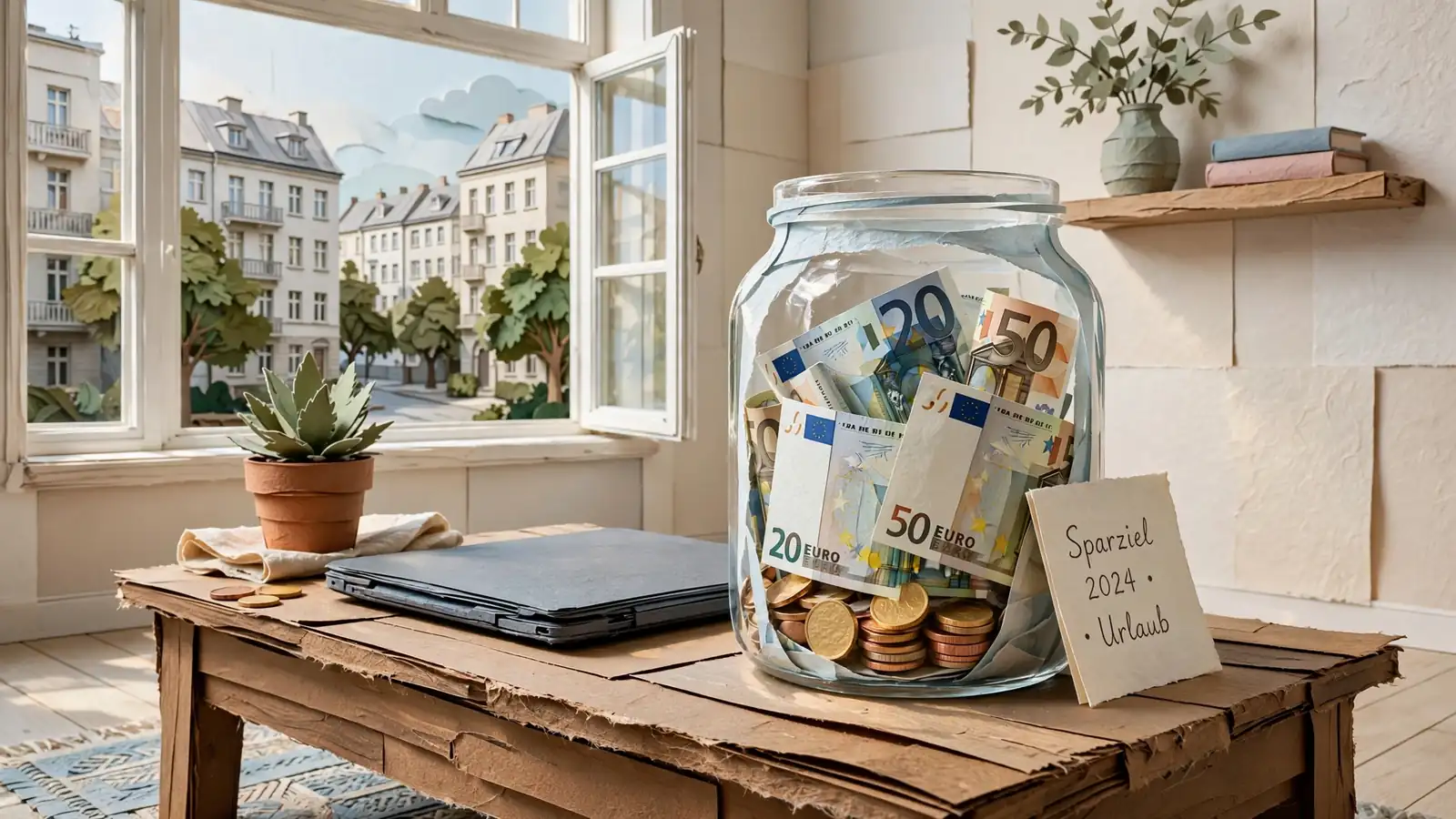 Geldglas mit Euro-Scheinen auf einem Holztisch in einer modernen Wohnung bei Tageslicht.