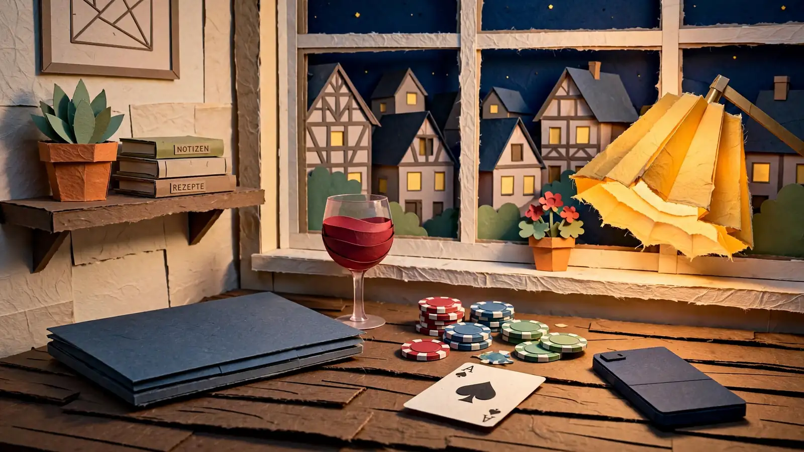 Geschlossener Laptop mit Pokerchips und Weinglas auf Schreibtisch bei warmem Lampenlicht