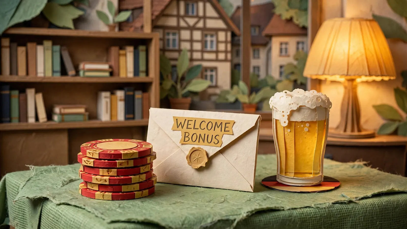Casino-Chips und Bonusumschlag auf grünem Spieltisch mit deutschem Bier.