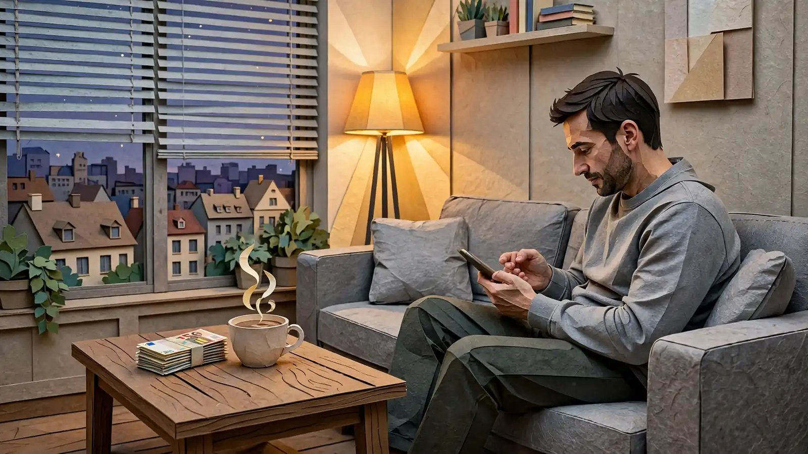 Mann entspannt auf dem Sofa mit Smartphone, moderne Wohnung in Deutschland bei Abendlicht.
