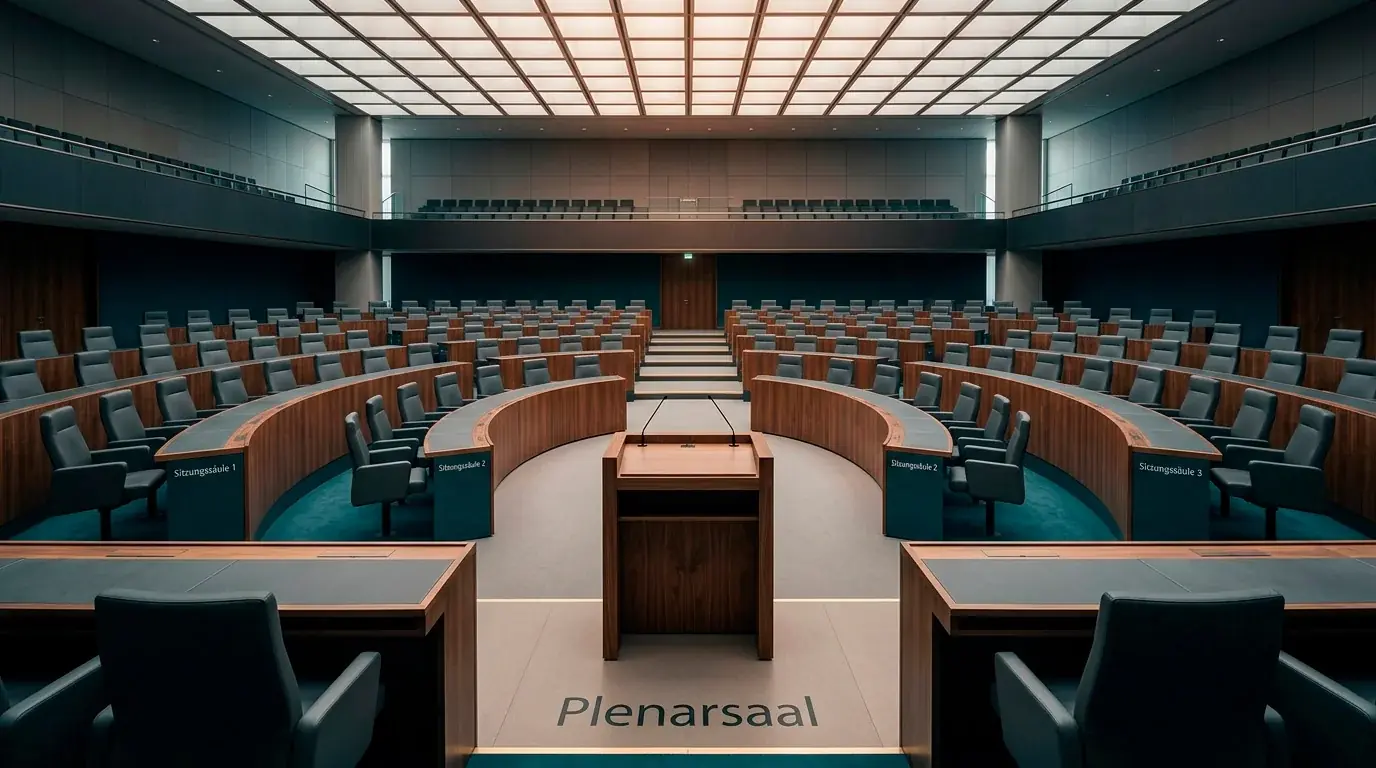 Stilisierte Darstellung eines Parlamentssaals mit leeren Sitzreihen als Symbol für die maltesische Gesetzgebung Bill 55 von 2023