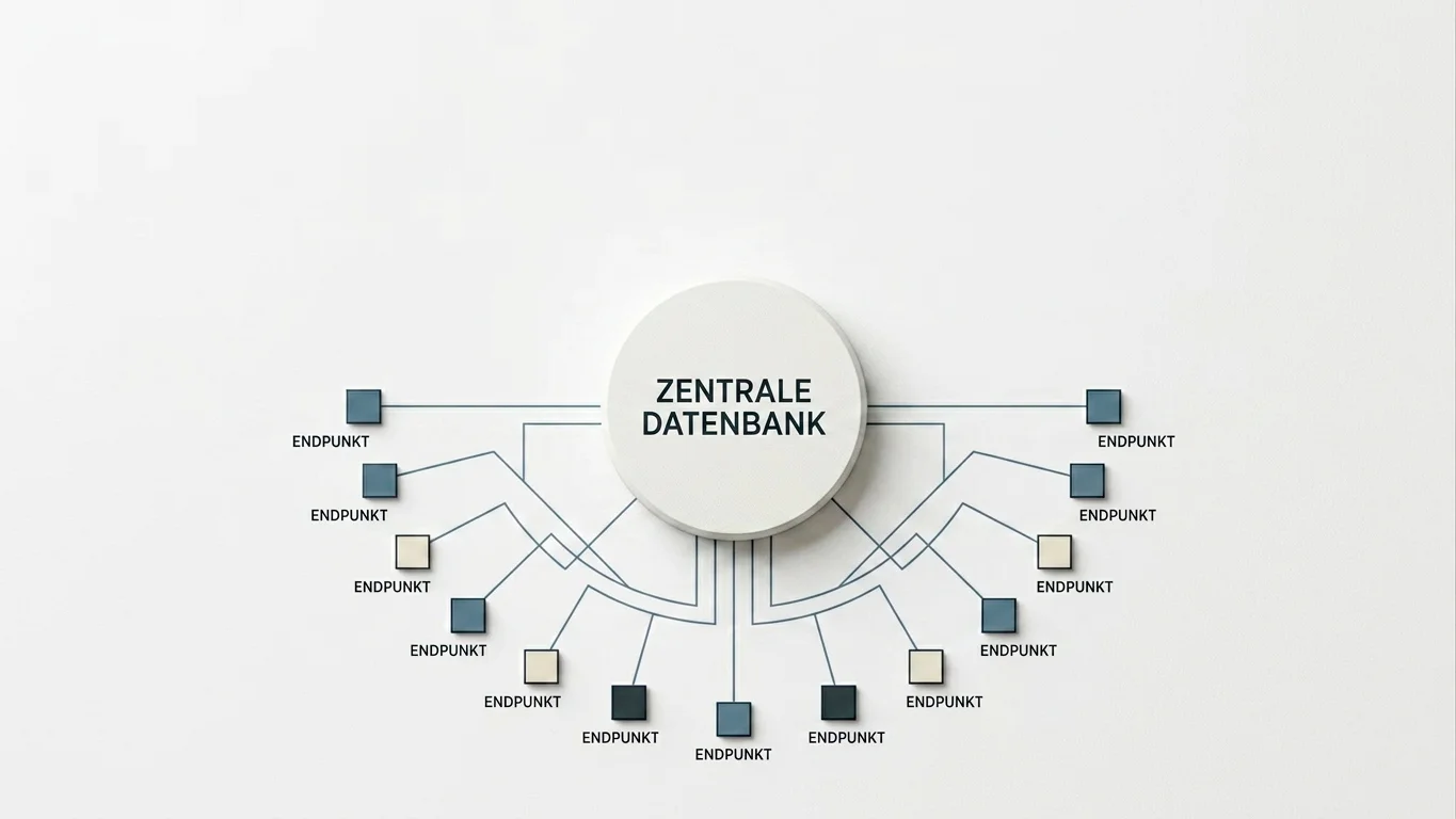 Stilisierte Darstellung einer zentralen Sperrdatei mit Verbindungen zu Spielangeboten als visuelle Erklärung des OASIS-Systems